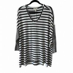 Style & Co. Black & White Striped Shirt 3/4 Sleeve  - Size Large
